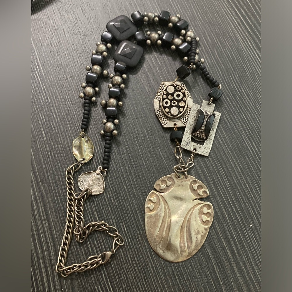 Handcrafted Silver-Tone Statement Pendant Necklace - Black Bead Accent